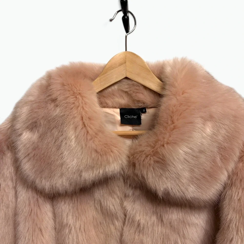 Cliche Pink Faux Fur Coat Coquette Glam Barbiecore XL Blush Winter Ski Bunny